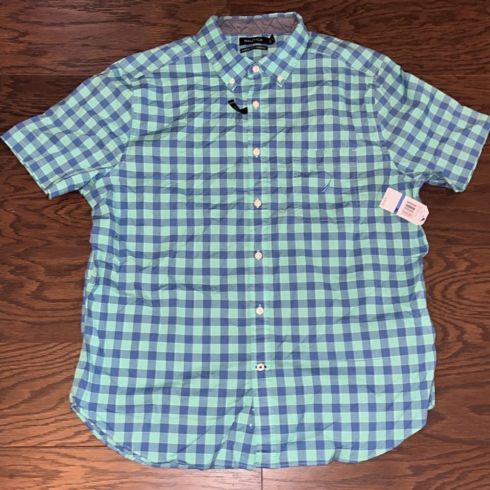 New Stretch Nautica Sailboat Green Blue SS Plaid men’s casual cotton shirt XL